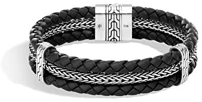 MEN's Classic Chain Silver Triple Row Bracelet on Black Leather with Pusher Clasp, Size M